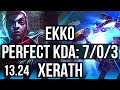 EKKO vs XERATH (MID) | 7/0/3, 1000+ games, Godlike | KR Master | 13.24