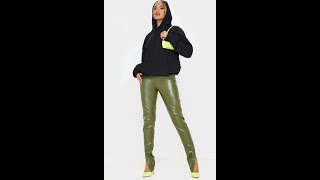 Khaki Faux Leather Split Hem Leggings