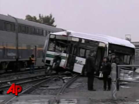 Several injured as Calif. commuter train crashes with truck.