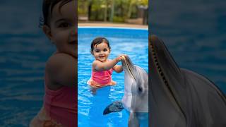 Adorable Baby Girl Plays With Dolphin In Pool Cutest Water Moment