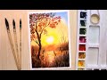 Watercolor painting for beginners beautiful sunset and tree