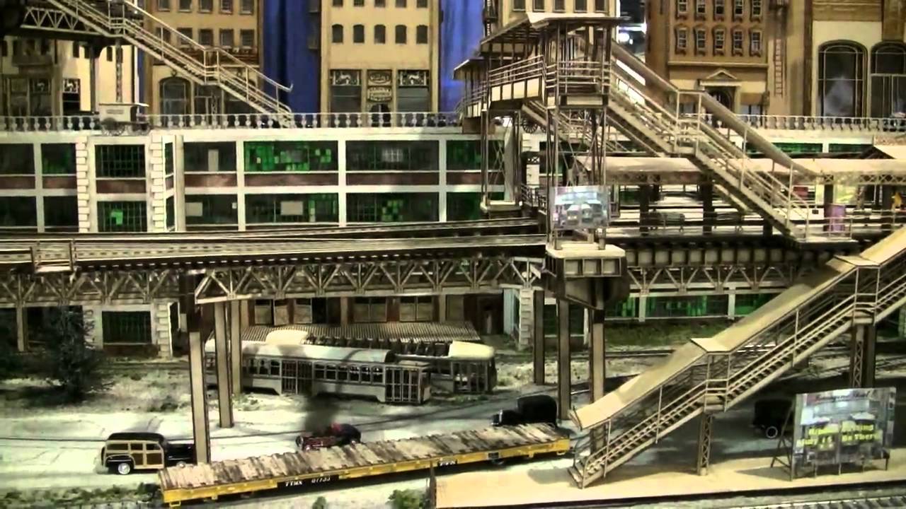 classic city elevated train tracks scenery and buildings model trains