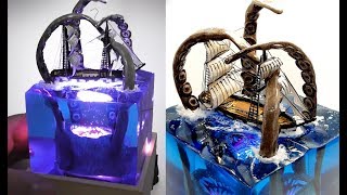 KRAKEN vs SHIP DIORAMA NIGHT LAMP-EPOXY RESIN and WOOD -DIY