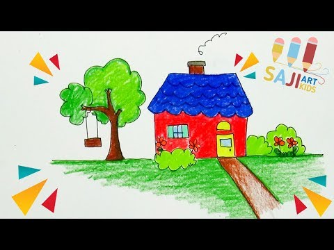 วาดรูประบายสีไม้สวยๆ : วาดรูปบ้านน่ารักๆ : how to draw a house easy step by step