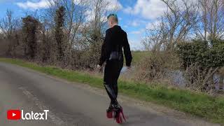 Outside Fun Red Chrome Extreme High Heeled Boots, Tight Pvc Leggings Perfect Match