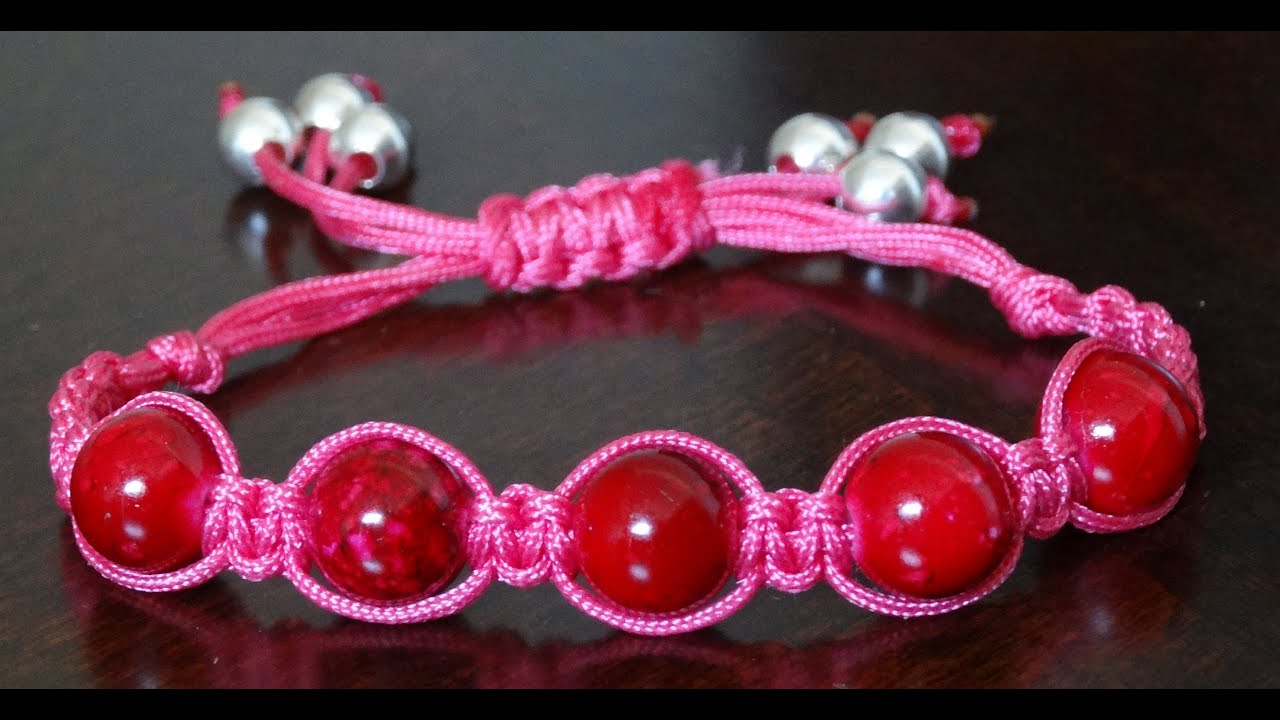 How to make adjustable square knot bracelet with beads - YouTube