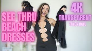4K TRANSPARENT see thru BLACK BEACH DRESSES try on with MIRROR view | Natural Petite Body