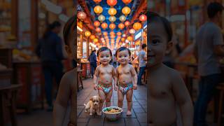 Twin Babies & Puppy Enjoy Noodles Under Lantern Lights Cute Baby Moments In Street Market .L