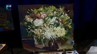 Урок рисования (№ 105) масляными красками. Рисуем белые цветы на чёрном холсте