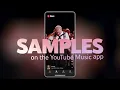 Na czerwonym i czarnym gradientowym tle, dwa telefony komórkowe obok siebie. Po lewej stronie odtwarzany jest teledysk. Po prawej playlista YouTube Music.