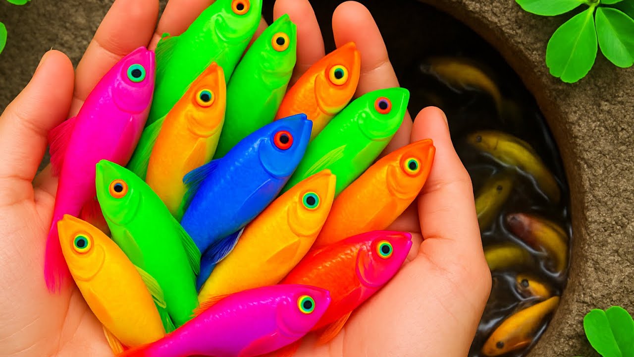 Surprised Catch Colorful Aquarium Fish In Small Pond, Carp, Pencil Dish, Glass Fish, Guppy, Koi Fish