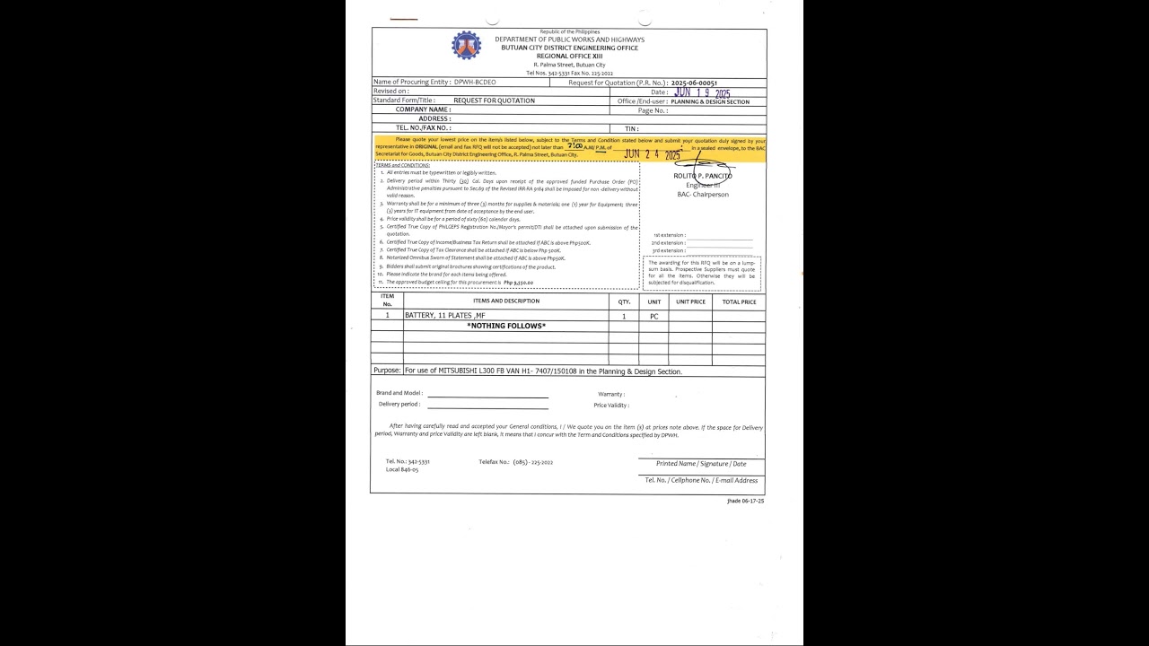 Request for Quotation (RFQ) for Purchase Request (P.R) No. 2024-06-0051 dated June 4, 2025