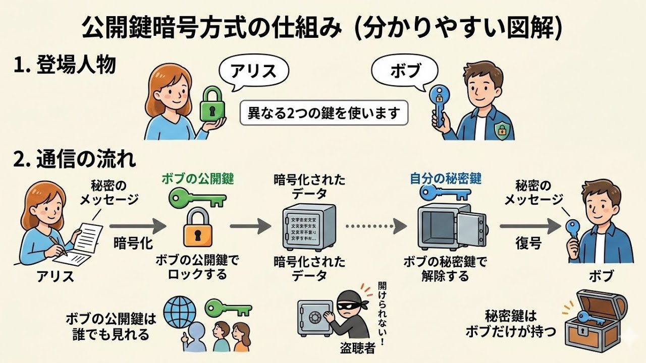 【図解】公開鍵暗号方式の仕組みを世界一わかりやすく解説！【アリスとボブ】 #基本情報技術者試験 #itパスポート #応用情報技術者試験 