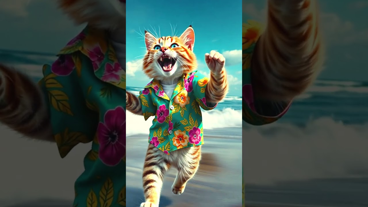kitten grooving on the beach near the waves 