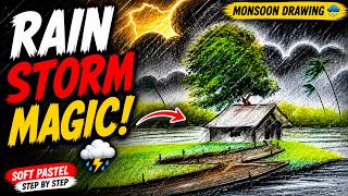 Rainy Season Drawing 🌧️ | Easy Monsoon Scenery with Soft Pastels | Stormy Village Landscape Art