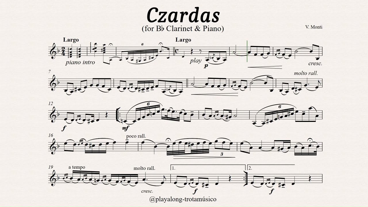 Clarinet Playalong - Czardas (Monti) Bb Clarinet sheet music with Piano accompaniment Faster Version