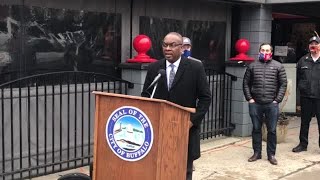 Buffalo Mayor Byron Brown, holds a news conference on Chippewa Street that will be closed off