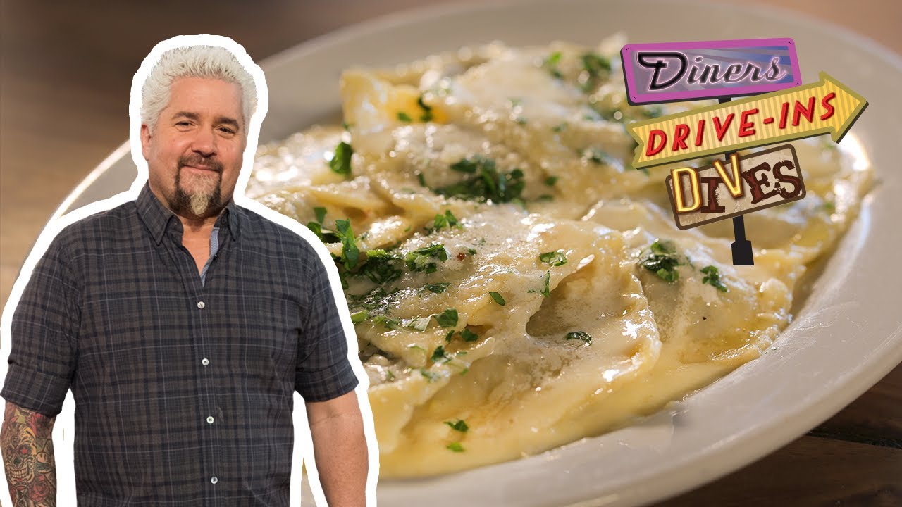 Guy Fieri Eats Ravioli with Garlic and Butter Sauce Diners, DriveIns