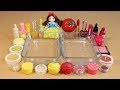 Mixing&#39;Yellow VS Red&#39;Eyeshadow,Makeup and glitter Into Slime. Satisfying Slime Video.