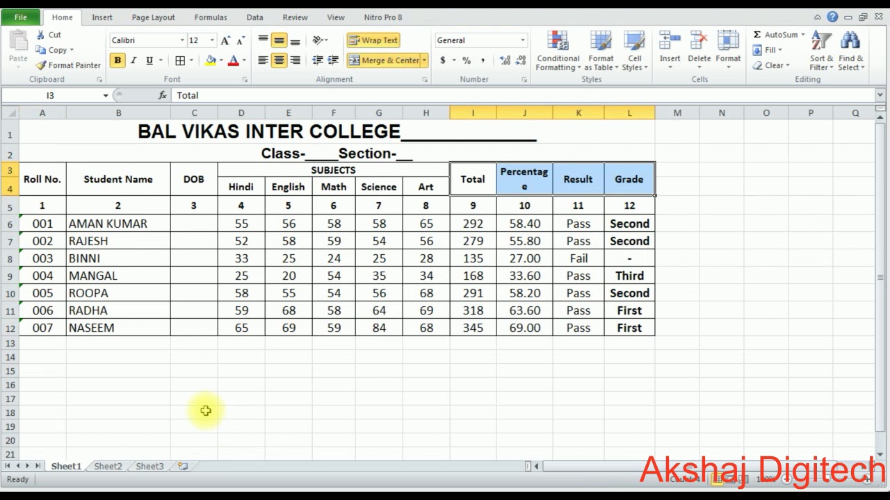 student grade sheet excel