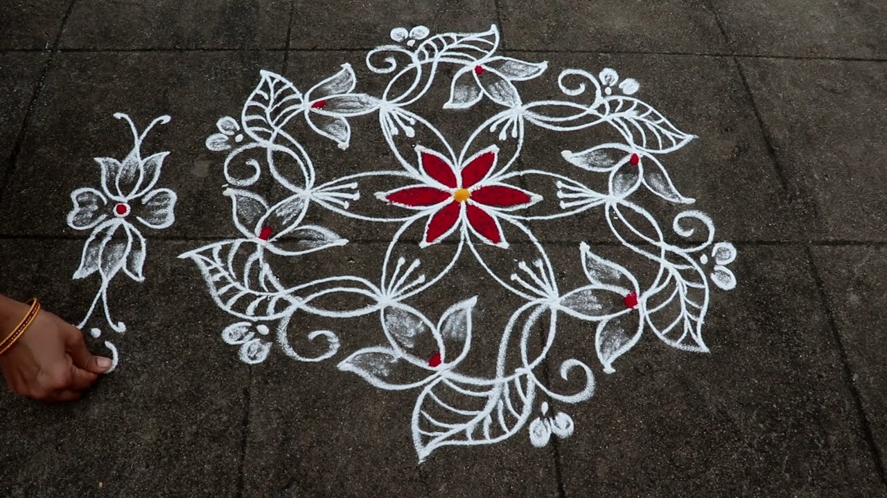 Simple Daily Flower Rangoli Designs | 7x4 Dots Small Border Muggulu | Easy Ugadi Kolam With Borders