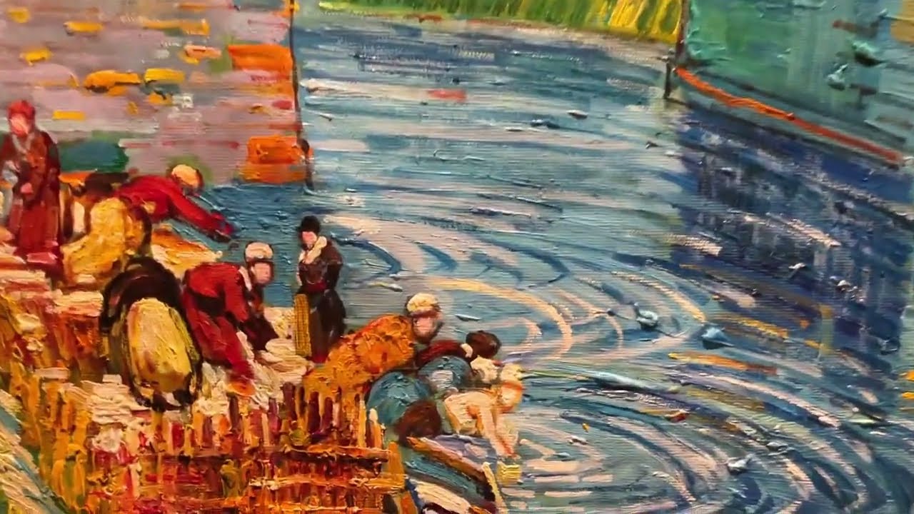 フランス画家 Van Lod ヴァン・ロッドの油彩画 The Langlois Bridge with Women Washing | Van Gogh Studio