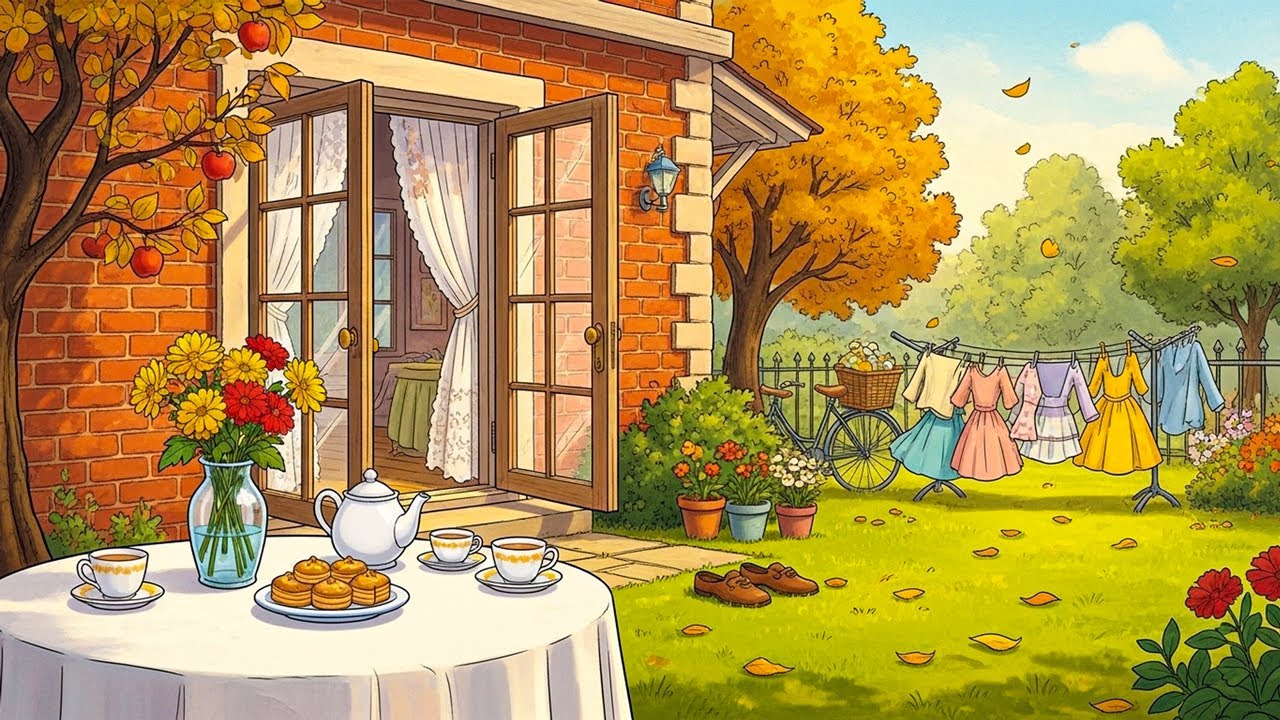 Autumn nostalgia in a house garden with oldies playing in another room (laundry & warm tea)