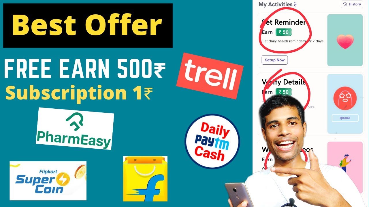 Pharmacy 1₹ Fleek app Subscription loot Trell Offer Flipkart SuperCoin Offer Best Earning App Today