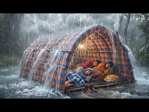 CAMPING DURING HEAVY RAIN WITH THE CRAZIEST THUNDER // struggling to build a warm bamboo shelter