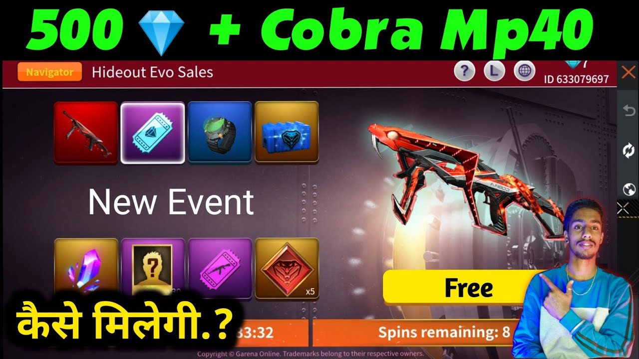 Hideout Evo Sale | Cobra Mp40 Return | 500💎 Giveaway | Free Fire New Event Today | FF Hideout Event