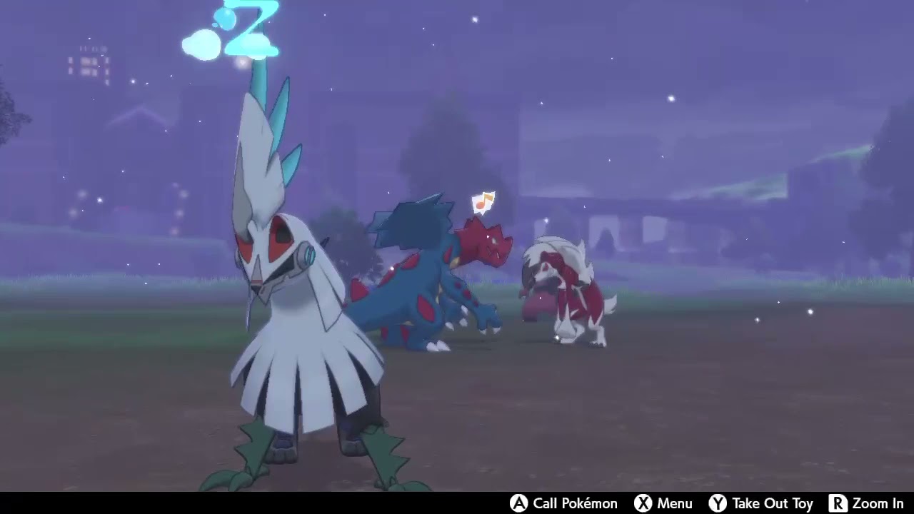 Silvally sleeping while Druddigon and Lycanroc fight in the background