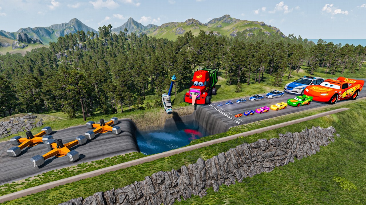 Big & Small McQueen & Police Car vs Zombie Mack, Giant Pit & Speed Bump Downhill Race – BeamNG.drive