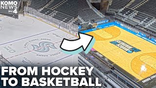 See how Climate Pledge Arena transforms from a hockey rink to a March Madness basketball court