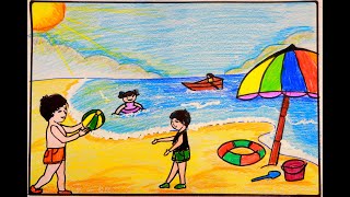 رسم فصل الصيف رسم شاطئ البحر سهل جدا بالخطوات بالالوان الخشب