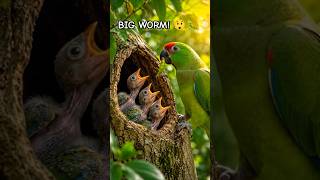 Parrot Brings a Giant Worm for Tiny Chicks! 🦜🐛 #shorts ⭐
