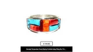 Navajo Turquoise Coral Spiny Cobble Inlay Ring Sz 7 Sterling Silver E Yazzie