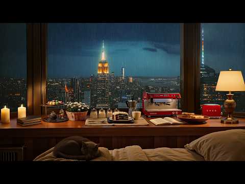 4K Rainy New York Night Jazz | Cozy Apartment Ambience for Study, Work & Sleep
