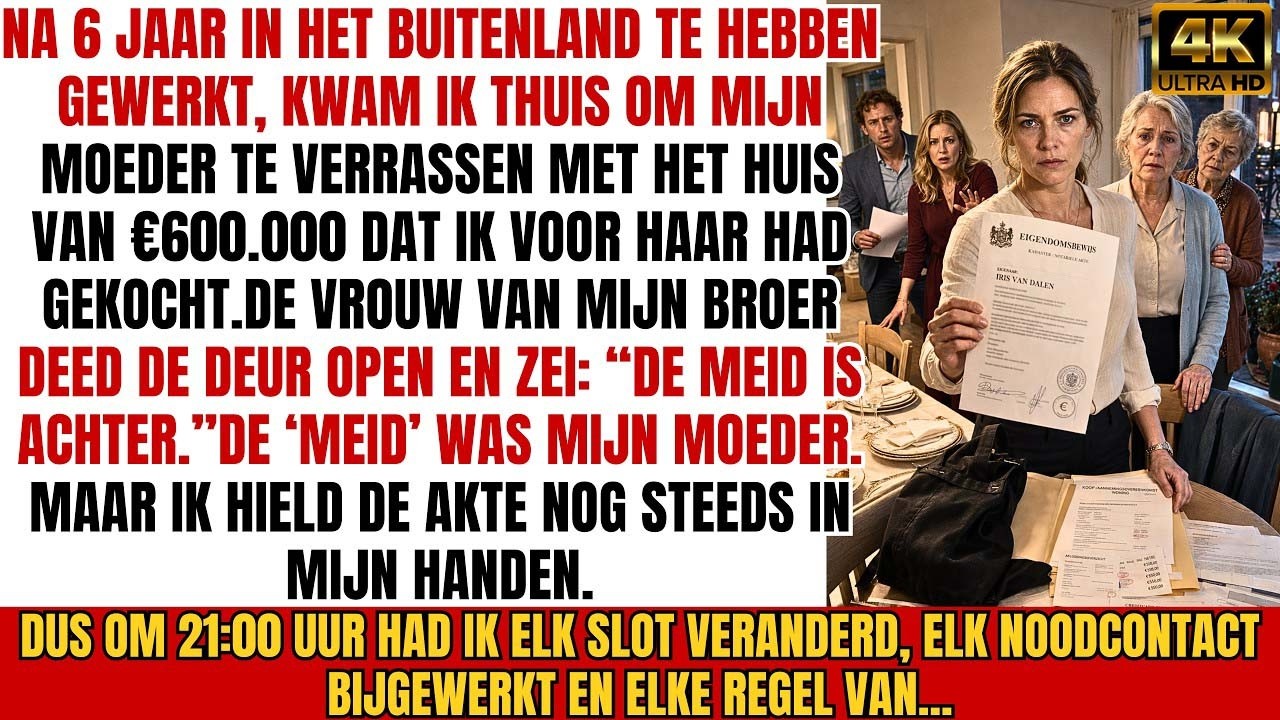 Ik had twintig uur gevlogen om mijn moeder te verrassen in het huis dat ik voor haar had gekocht. Maar de deur werd geopend door mijn schoonzus in een zijden ochtendjas, die me van top tot teen...