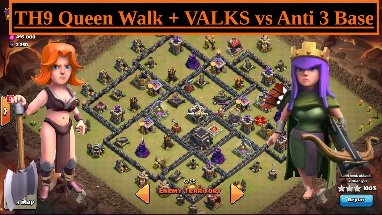 VALKS + Queen Walk. TH9 3 STAR Max Attack. Anti 3 Star Base. Clash of Clans Valkyrie