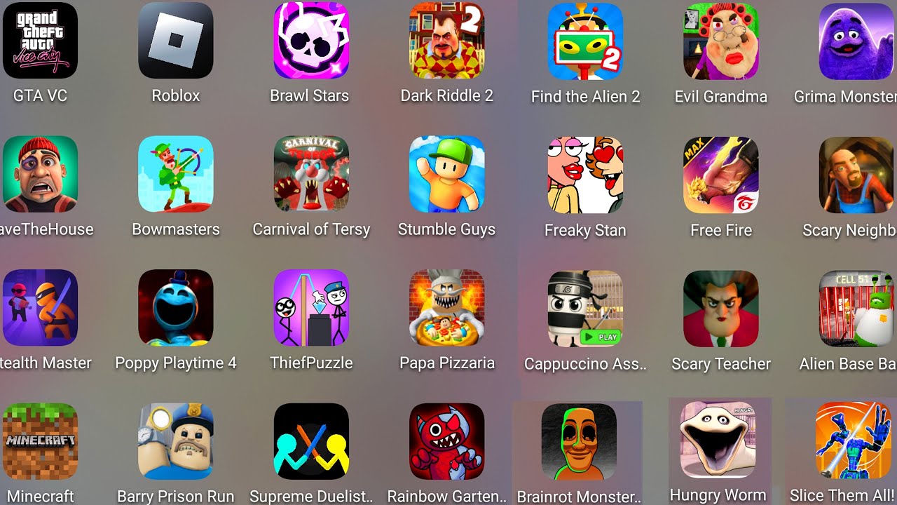 Roblox,Alien Base Barry,Evil Grandma,Poppy Playtime 4,Stumble Guys,Freaky Stan,Capuchino Assassino..