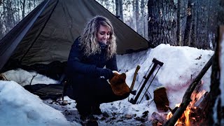 SOLO WINTER BUSHCRAFT OVERNIGHTER | SNOW TRENCH/TARP SHELTER | Minimal Gear, subzero temps