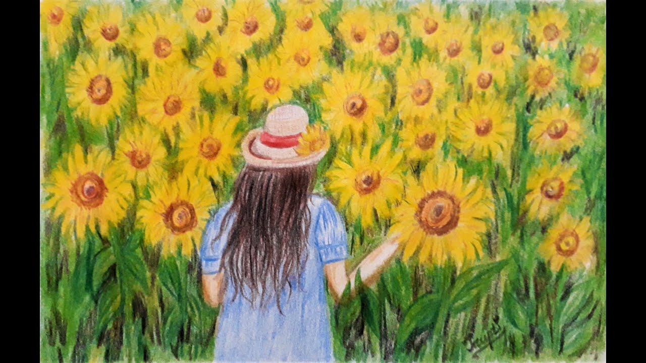 A Girl In Sunflower Field With Colored Pencils Step By Step For Beginners Scenery Drawing Youtube