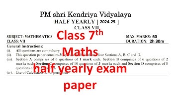 CLASS - 7 Maths HALF YEARLY EXAM QUES PAPER / TERM -1 SESSION 2024 -25 /PM SHRI KENDRIYA VIDYALAYA