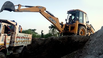 JCB Backhoe Loading on Mixed Ballast Tipper in Crusher Industry Video