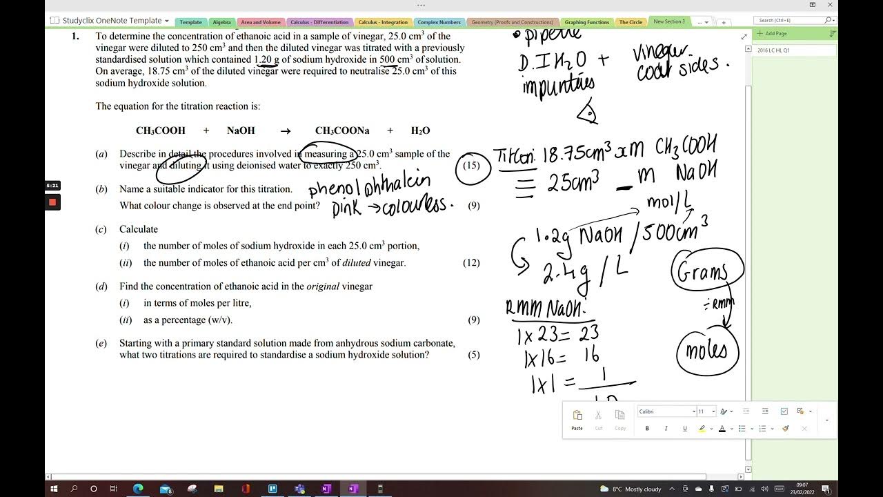 2016 LC HL Chemistry Q1 Determine the concentration of ethanoic acid