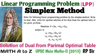Solve LPP by the simplex Method . Find the optimal solution of dual from primal optimal Table.