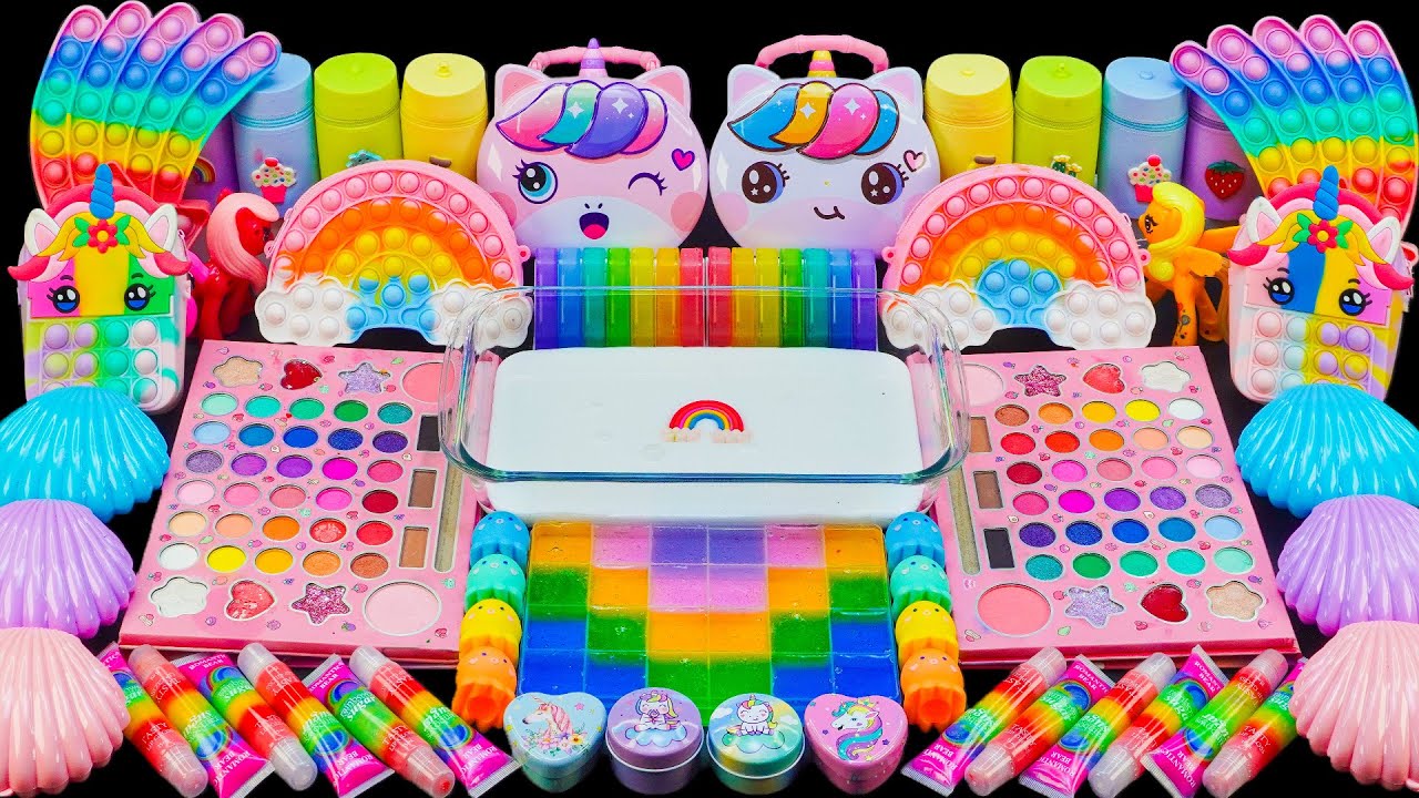 Wonderful Rainbow Double PONY Slime ASMR | Mixing Eyeshadow & Makeup Into Slime