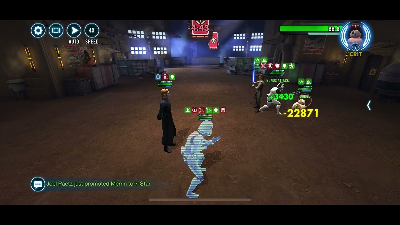Hux, FO stormtrooper, FO Executioner vs JTR, BB8 Vet Han  3v3  SWGOH 55 banners