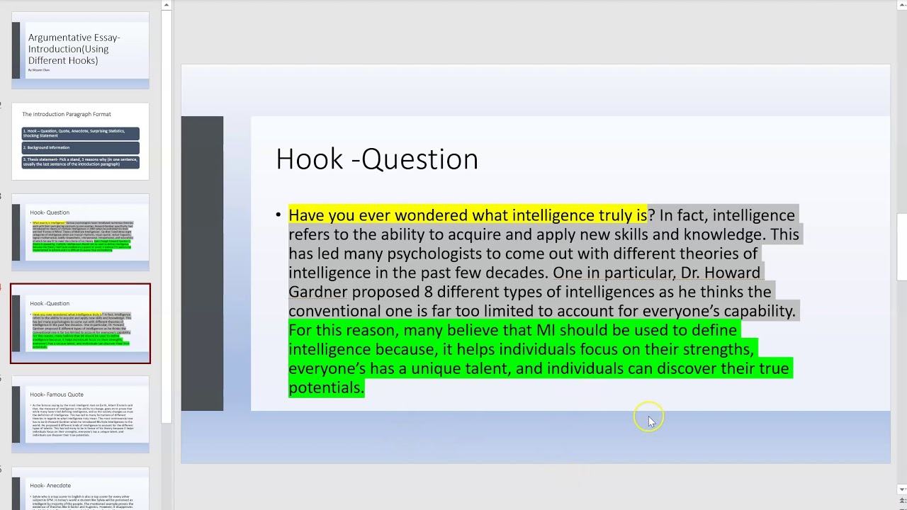 Argumentative Essay- Introduction (Hooks) 