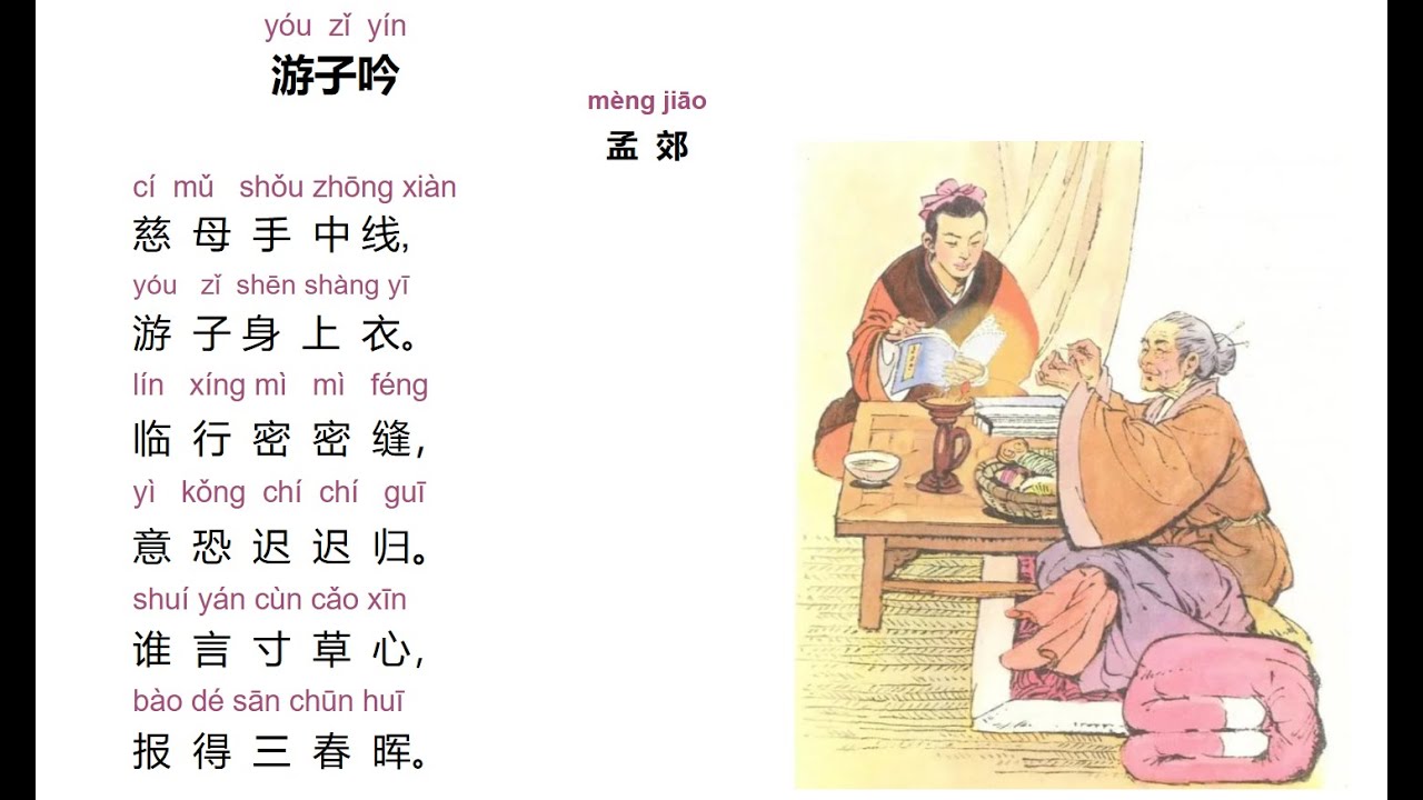 Listen to the teacher read and explain《游子吟》听老师朗诵并解释唐朝诗人孟郊的《游子吟》